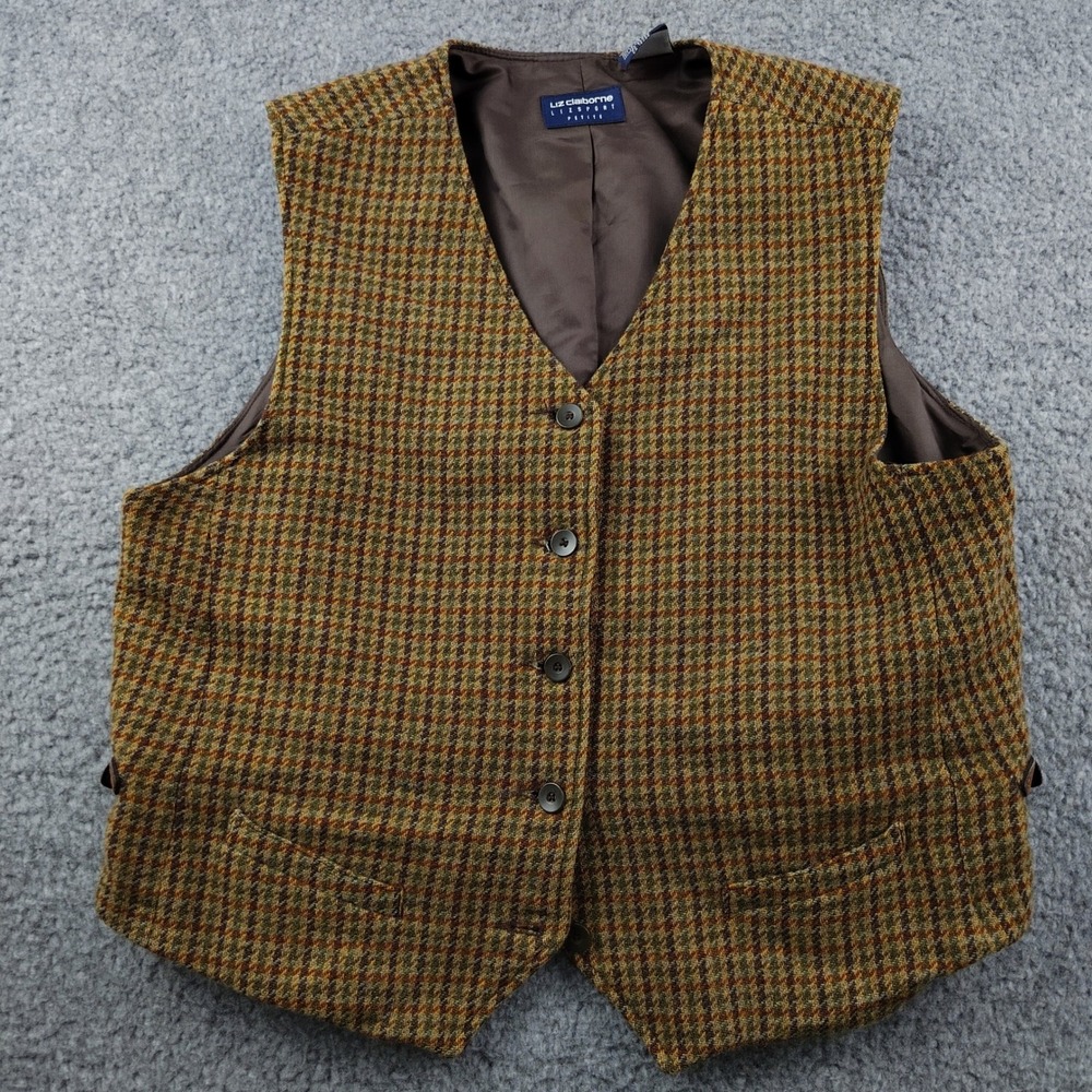 VTG Liz Claiborne Vest Womens 16P Wool Lizsport Brown Houndstooth Preppy EUC